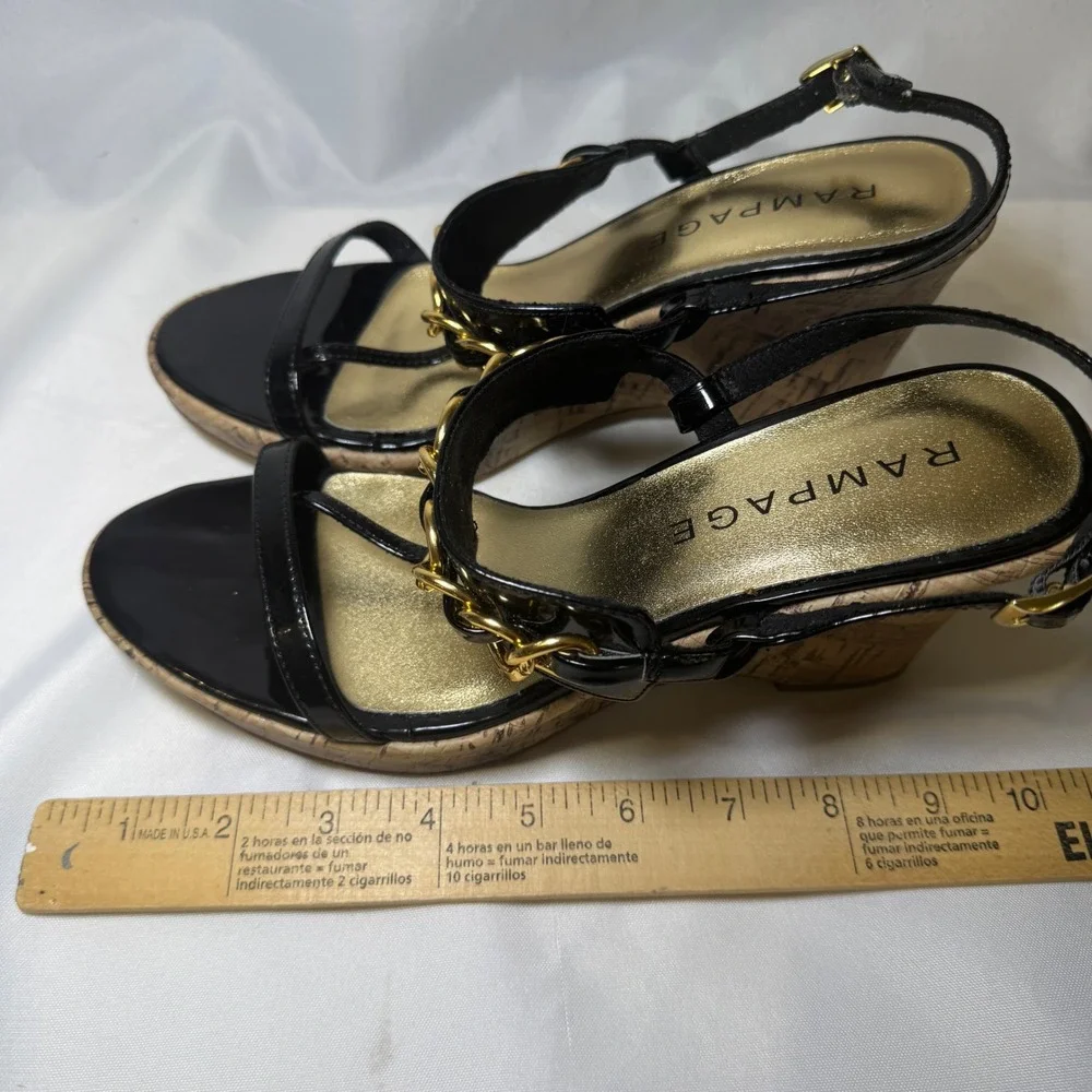 Rampage Briton Women's Black Patent Gold Chain‎ Cork Wedge Sandals Size 8.5 M